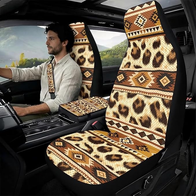 Qeluxign Auto Seat Covers with Car Center Console Cover,Tribal Leopard Print Belt Cover PU Leather Breathable Full Set Bucket Seat Covers, Pack of 5, Universal Fit for Sedan,SUV