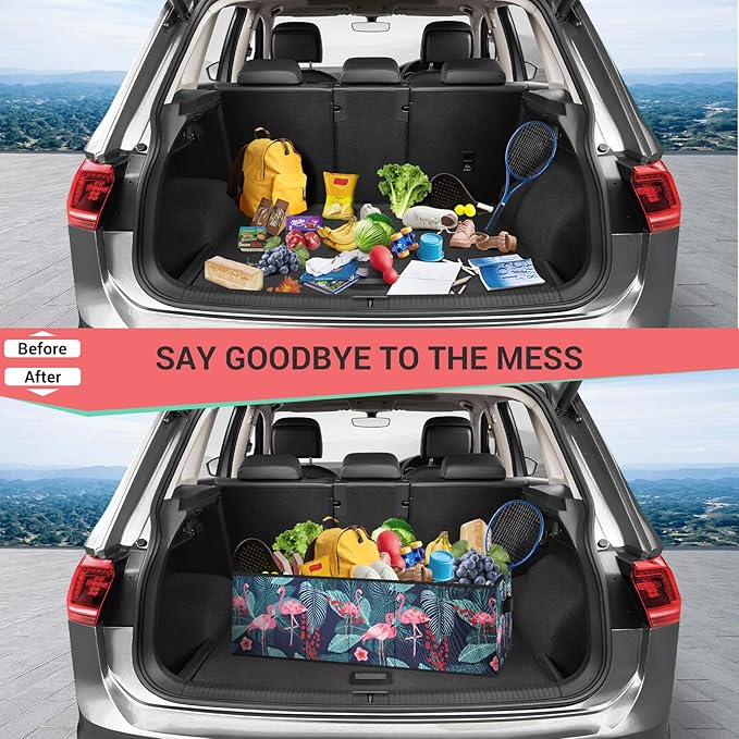 MIU COLOR Car Trunk Organizer with Lid, Foldable Car Storage Organizer with 3 Compartments, 8 Pockets, Leather Handles, Non-Slip Bottom, Car Organizer and Storage for SUV, Van, Grocery, Camping