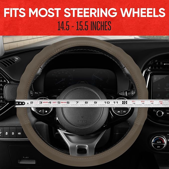 Motor Trend Soft Touch Leather Beige Steering Wheel Cover with Grooves, Advanced Traction Universal Fit for Standard Sizes 14.5 15 15.5 inches