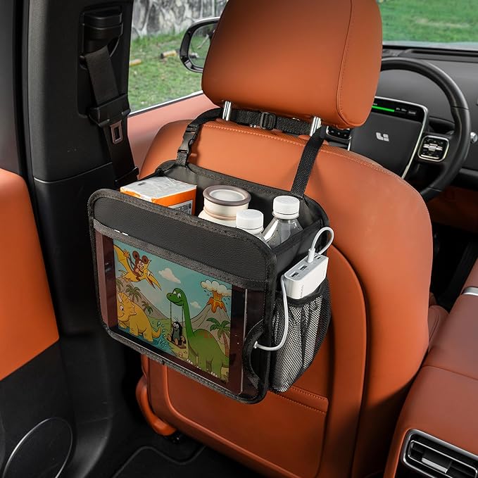 Uplien Car Organizer Bag for Back Seat Front Seat or Between Seats Premium PU Leather Hanging Storage Caddy with Tablet Holder Tissue Box Cup Bottle Holders Mesh Pockets for Kids Adults