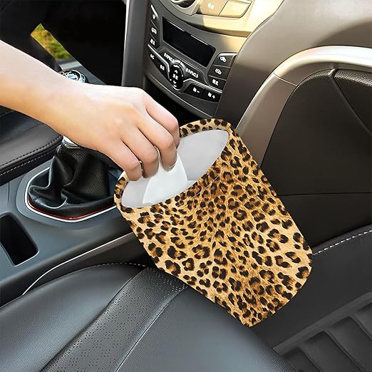 KXWQTRDD Car Garbage Bag Brown Leopard Mini Car Trash Bin Portable Collapsible Waterproof Rubbish Bag for Car Accessories Back Front Seat Cup Holder