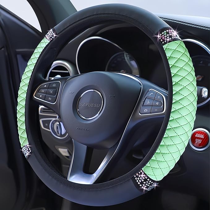 Bling Soft Leather Steering Wheel Cover 15 Inch with Sparkly Diamond Rhinestones for Women and Girls – Elastic Car Accessory for Most Cars (Green)