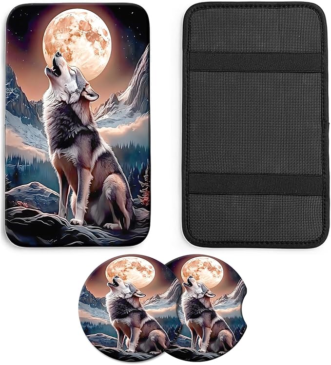 JANENFNA Car Armrest Cover Pads Universal Fashion Cute Auto Center Console Armrest Cover Pad with 2PCS Car Coasters Soft Waterproof Car Armrest Seat Protector for Women,Wolf Moon Howl-A