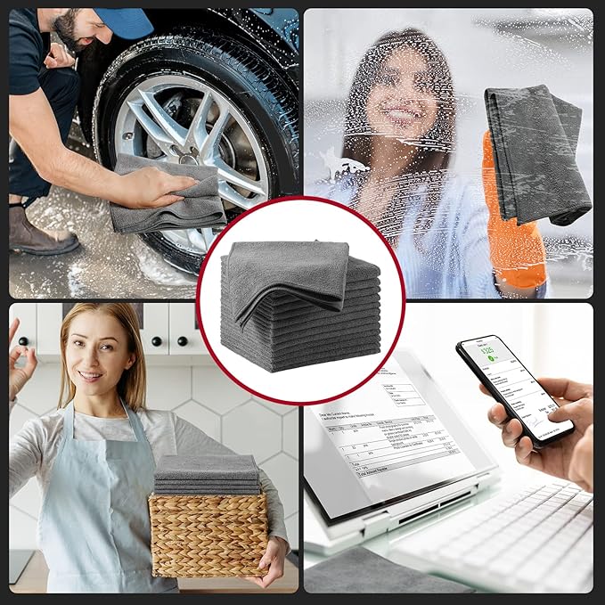 Oudain 200 Pcs Microfiber Cleaning Cloth 16x16 Inch Microfiber Towels for Car Ultra Absorbent Cleaning Rags Reusable Lint Free Streak Free Detailing Towel for Car Washing Drying Dusting (Gray)
