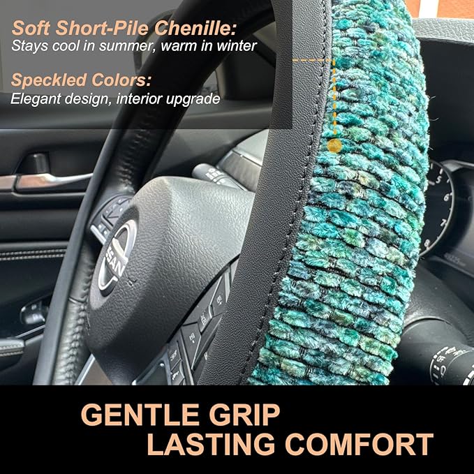 PINCTROT Chenille Leather Steering Wheel Cover, Soft Mottled Colors, Sweat-Proof, Non-Slip Grip, All-Season Comfort, Universal 14.5-15 Inch(Mottled Teal)