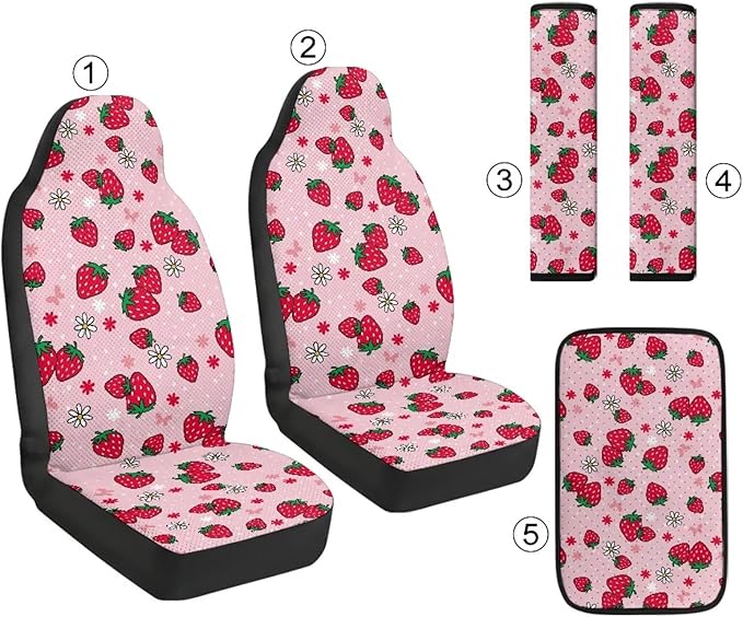 Qeluxign Strawberry Daisy Car Seat Covers 2 Front Seats Universal Fit Center Console Protector Auto Seat Belt Cover Against Stains, Spills, Dust Car Interior Accessories 5 Piece Set