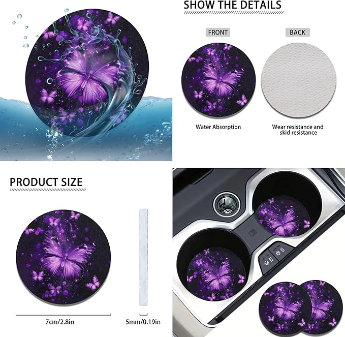 Purple Butterfly Car Decor Set for Women 6 PCS Steering Wheel Cover Cup Holder Handbrake Gear Cover Butterfly Print Car Accessories Set for SUV Truck Sedan