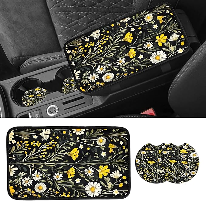 JANENFNA Car Armrest Cover Pads Universal Fashion Cute Auto Center Console Armrest Cover Pad with 2PCS Car Coasters Soft Waterproof Car Armrest Seat Protector for Women,Yellow Flower