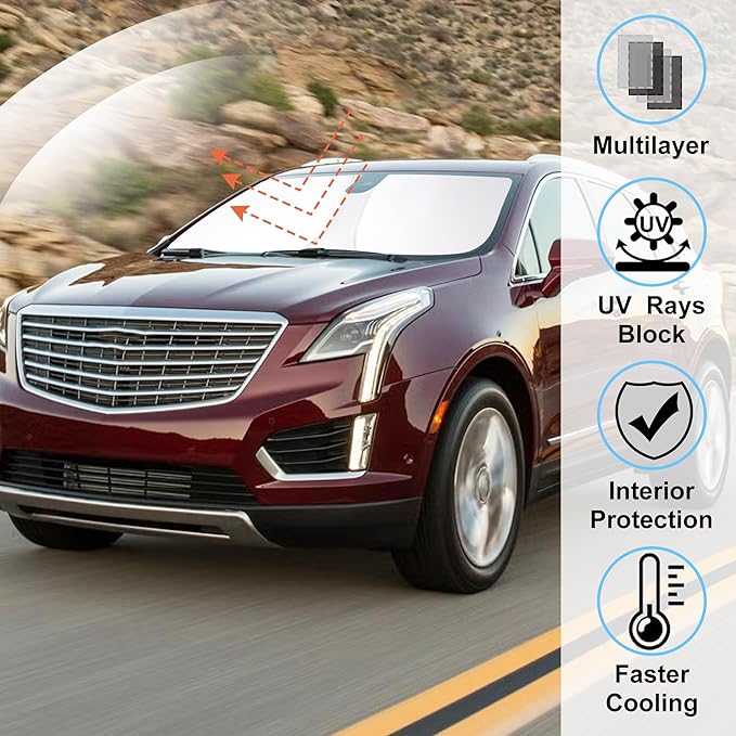 Windshield Sun Shade Custom Fit for 2017-2024 2025 Cadillac XT5 Accessories Foldable Sunshade Sun Blocker Protect Car from Sun Rays & Heat Damage Keep Car Cooler
