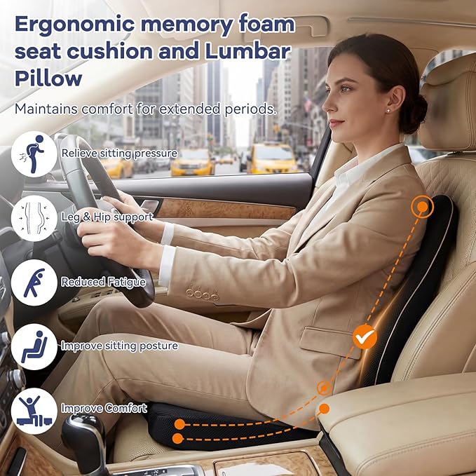 Car Seat Cushion with Lumbar Support for Long Drives – 3D Breathable Mesh Memory Foam Pad, Non-Slip Truck Seat Cushion with Adjustable Strap, Lower Back Support for Car, Office, Gaming Chair, Black