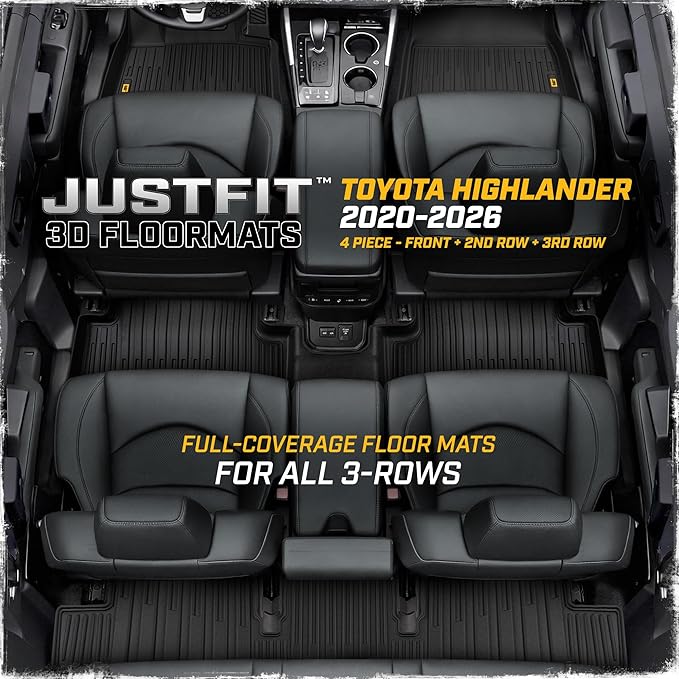 CAT® JustFit™ 3D All Weather Floor Mats for Toyota Highlander 2020-2026, Custom Fit Heavy Duty Rubber Car Mats Full Set for 7 Seater (Not for Hybrid)