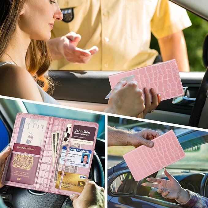 Car Registration and Insurance Holder, Pink Vehicle Glove Box Car Organizer with Magnetic Closure for Documents, Cards, License Car Organization, 1 Pack