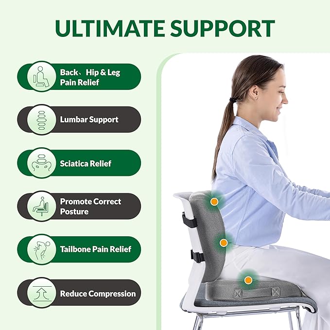 FuturaLoom Seat Cushion & Adjustable Lumbar Support Pillow Set, Charcoal Memory Foam Back & Tailbone Pain Relief, Non-Slip & Washable Cover, for Office Chair, Car Seat, Wheelchair - Grey