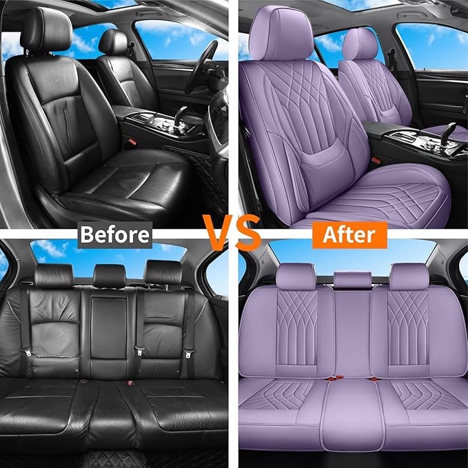 GEZHOUBA Purple Car Seat Covers Full Set, Luxury Leather Purple Seat Covers for Women, Full Coverage Waterproof Anti-Slip Car Seats Universal Fit for Most 5-Seater Cars SUVs