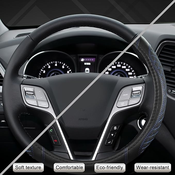 West Llama Customized Auto Car Steering Wheel Cover for Hyundai,Tucson,Sonata,Elantra,Santa Fe,Genesis,Sonata Hybrid,Azera,Venue,Kona, 14.5-15 inches(Diamond Quilted-Black+Blue-Standard Size)