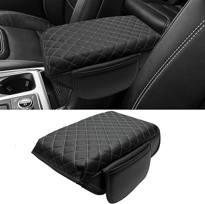 Center Console Cover for Ford Explorer 2026 2025 2020-2024 Accessories 1.2in Thickness Armrest Cover Leather Arm Rest Box Lid Protector Cushion Pad Middle Console Cover with Side Pockets (Gray Stitch)
