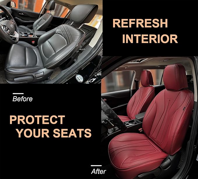 PINCTROT Car Seat Covers Front Set, Breathable Soft Pebbled Leather, Luxury Waterproof Seat Cushion, Airbag Compatible, Seat Protector Universal Fit Most Cars (Front Set, Wine Red)