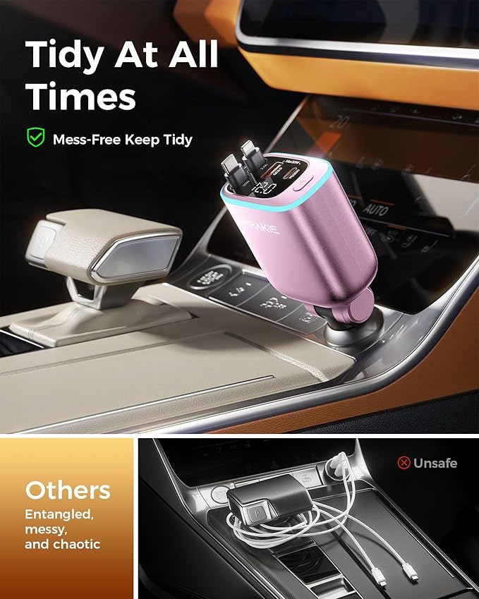iPhone Car Charger, Retractable Fast USB C Phone Charger, 4 in 1 Cigarette Lighter Adapter with 2 Cables 30 Inch and 2 USB Ports, Multi Port USB Car Charging for iPhone 17/16/15/14/13/Pro Max-Pink