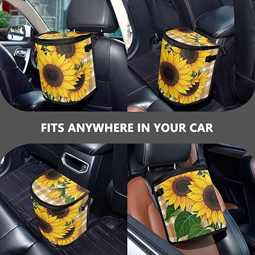 MNSRUU Car Trash Can with Lid, Sunflowers on A Plaid Car Trash Bag Hanging Organizers and Storage for Front Back Seat, Leak-Proof Trash Bin