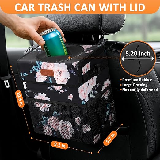 Vankor Car Trash Can for Car Cute,Bag Bin Hanging Waterproof Automotive Garbage Cans Leak Proof Vehicle Trash Can Black Floral