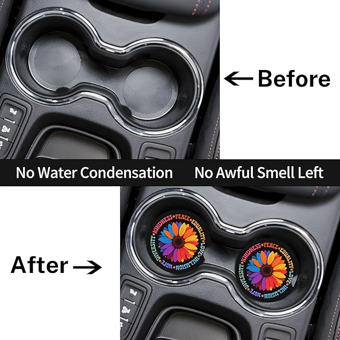 HUWAAI Kindness Peace Love Hope Car Cup Holder Coasters 2 Pack Universal 2.63 Inch Anti Slip Ceramic Absorbent Coaster with Cork Base and Finger Notch Cute Car Accessories Interior for Women