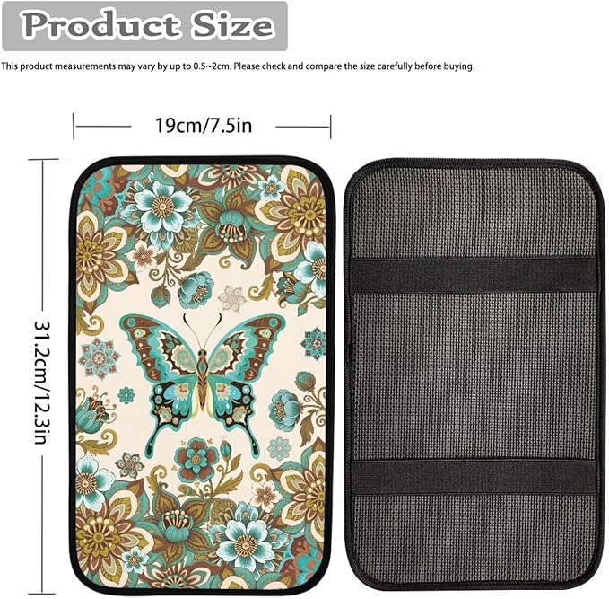Butterfly Flowers Arm Rest Cover Car Easy to Install Car Console Covers Vehicle Armrest Cover Vehicle Accessories 12.3 x 7.5 Inch Fit for Most Cars, Vehicles, SUVs