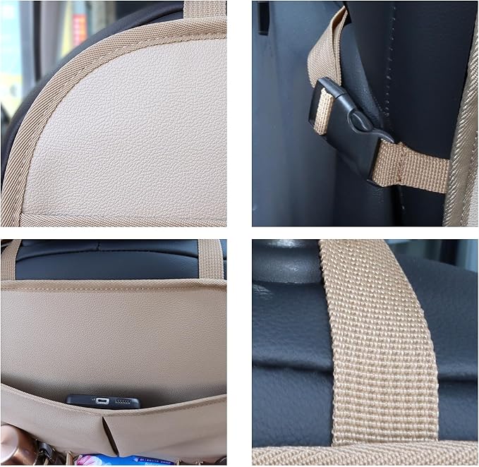 pefirst Car Backseat Organizer for Kids, Car Back Seat Storage Bag With 3 Pockets, 2 Drinks Holders, Water Resistant, Kids Toy Storage Kick Mat Back Seat Protector for Toddlers (Beige 1-Pack)