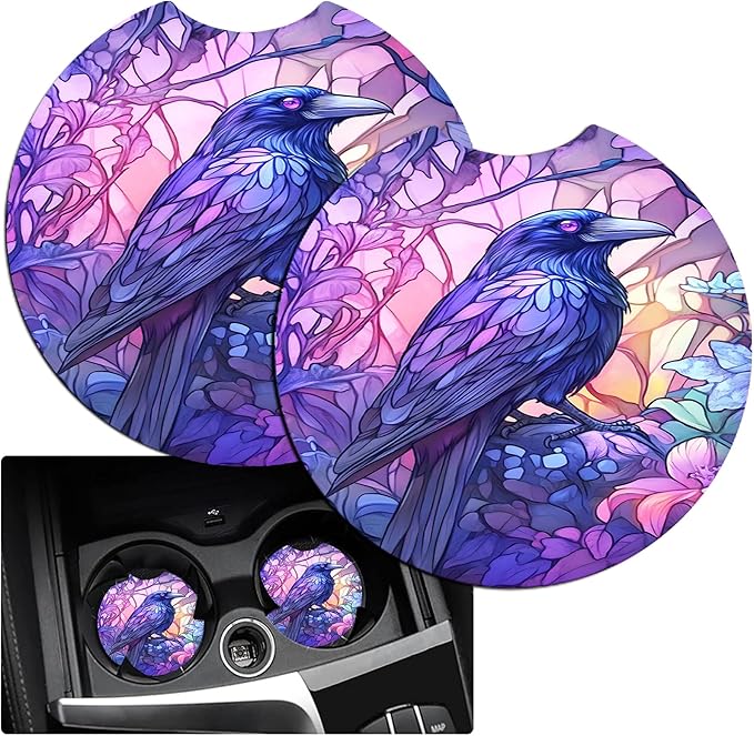 JANENFNA Car Armrest Cover Pads Universal Fashion Cute Auto Center Console Armrest Cover Pad with 2PCS Car Coasters Soft Waterproof Car Armrest Seat Protector for Women,Beautiful Crow