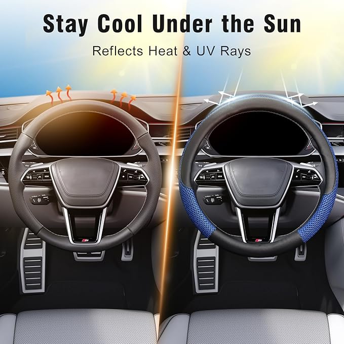 KAFEEK Steering Wheel Cover, Universal 15 inch, Microfiber Leather Viscose, Breathable, Anti-Slip,Warm in Winter and Cool in Summer, Black&Blue