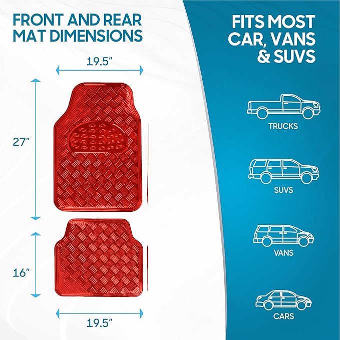 BDK Metallic Chrome Car Floor Mats All-Weather Universal Fit Automotive Floor Mats for Cars SUVs, Floor Mats for Trucks, Car Mats Full Set Front & Rear, Non-Slip Backing - Red