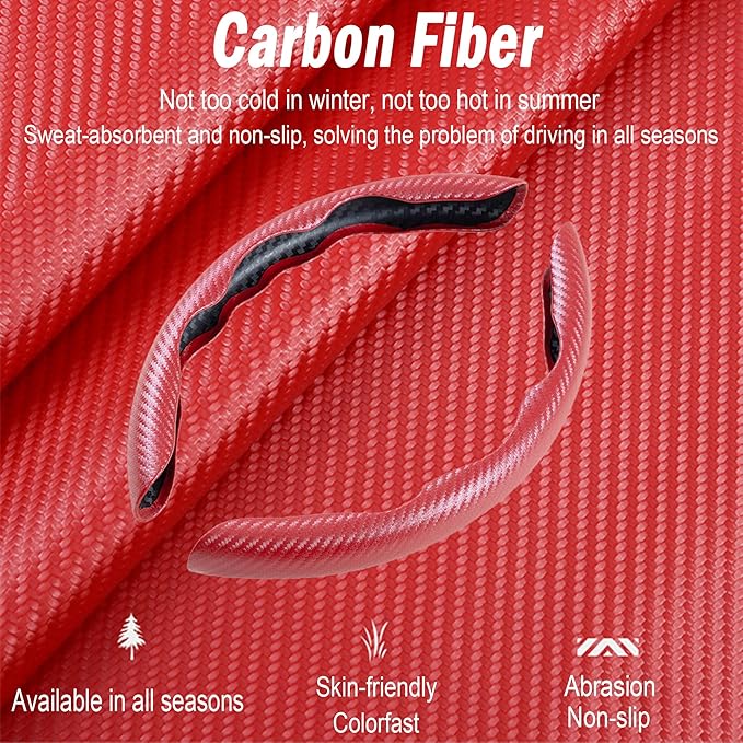 LevChall Carbon Fiber Steering Wheel Cover, 2-Piece Set Anti-Skid Comfortable Grip Segmented Butterfly Design, Easy Snap-On Installation Universal Fit 99% Cars, Red