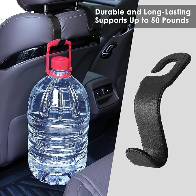 AMVOYOA Leather Car Seat Hooks - U-Shaped Purse Holder for Car, Fully Leather-Wrapped Headrest Hooks for Purses, Bags & Coats, Durable Seat Back Organizer for Travel & Daily Use (Black, 2 Pack)