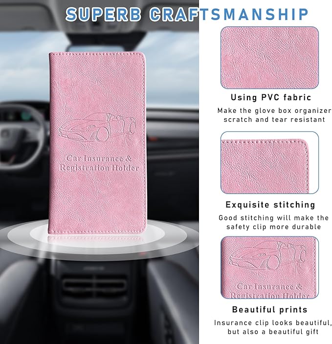 Ziciner Car Registration and Insurance Holder, Auto Card Document Glove Box Organizer with Magnetic Closure, Universal Vehicle Interior Accessories for Cars SUVs (Pink-Large)