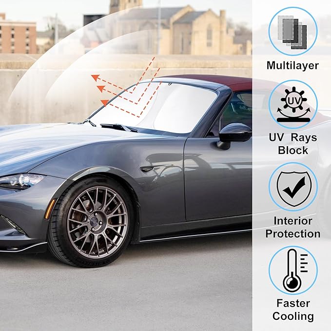 Windshield Sun Shade Compatible with Mazda MX-5 Miata 2017 2018 2019 Accessories Front Sunshade Sun Visor for Rays & Heat Keep Cool