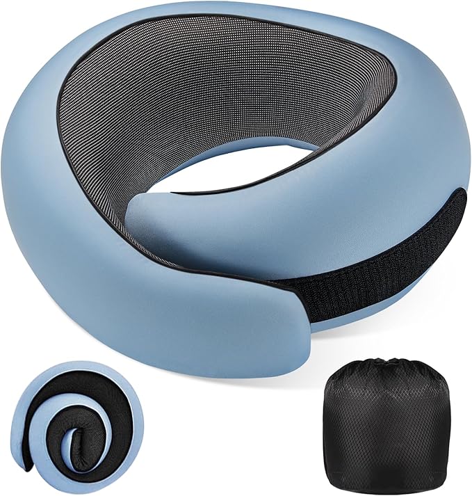 4litamz Travel Neck Pillows, 100% Memory Foam Filling, Travel Pillows for Airplanes, Compact and Ergonomic Design, Best for Sleeping Plane Train Travel Essentials (Light Blue)