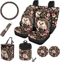 Hedgehog Flower Print Car Interior Accessories Sets, Flower Print Front Seat Covers and Rear Split Bench Seat Cover, Steering Wheel Protector, Universal Fits for Most Cars SUV Truck Sedan