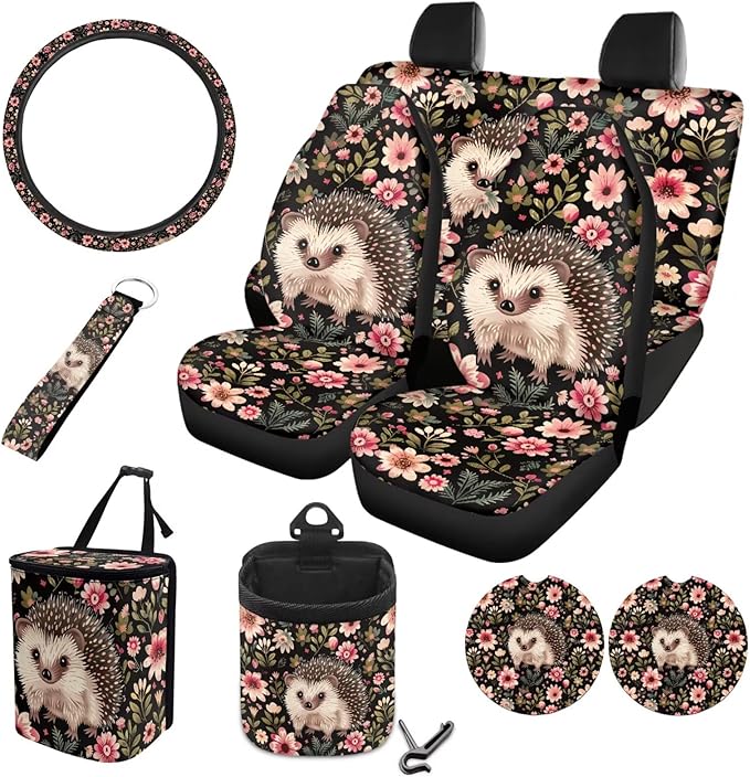 Hedgehog Flower Print Car Interior Accessories Sets, Flower Print Front Seat Covers and Rear Split Bench Seat Cover, Steering Wheel Protector, Universal Fits for Most Cars SUV Truck Sedan