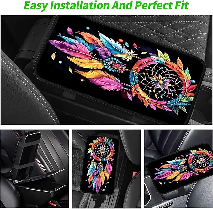 JANENFNA Car Armrest Cover Pads Universal Fashion Cute Auto Center Console Armrest Cover Pad with 2PCS Car Coasters Soft Waterproof Car Armrest Seat Protector for Women,Colorful Wind Chime