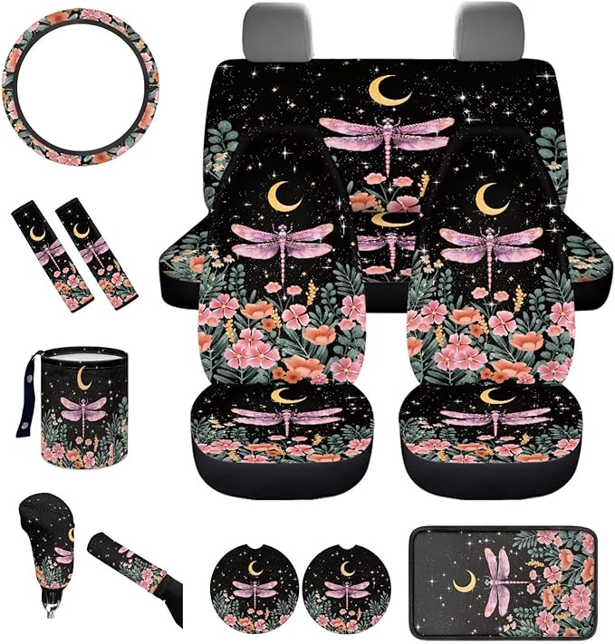 Dngkaoje 13 Pack Flower Dragonfly Car Seat Covers Full Set,Universal Front and Rear Split Bench Seat Covers for Cars Cute Dragonfly Print Hanging Trash Bag,Seatbelt Shoulder Pads,Armrest Cushion Pad