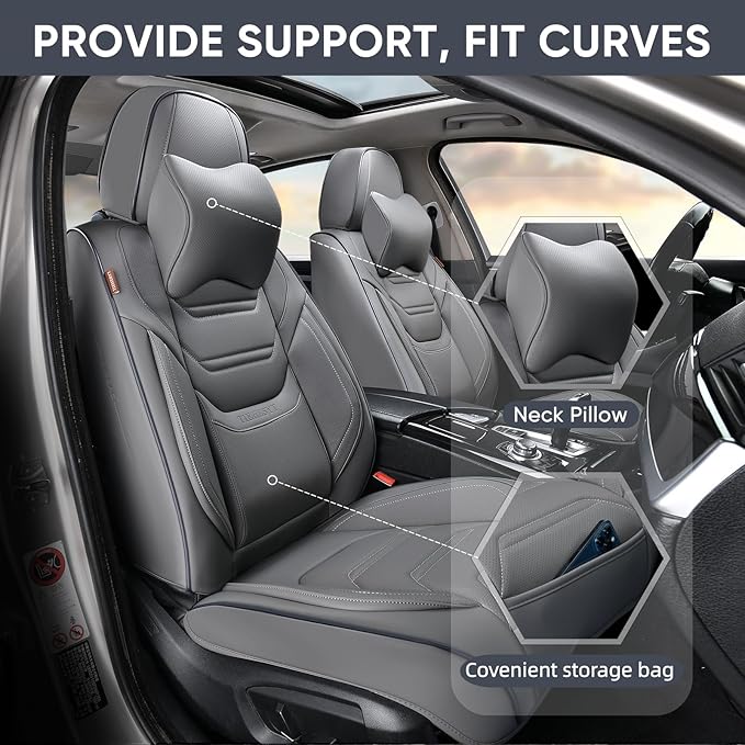 TIEHESYT Leather Seat Covers Front Pair with Lumbar Support & Headrest, Breathable and Waterproof Car Seat Cover, Universal Seat Covers for Cars, Trucks, SUVs, Airbag Compatible, Gray