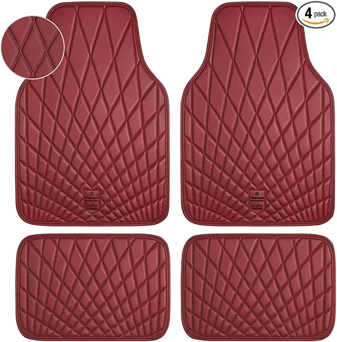 CAR PASS Luxury Faux Leather Floor Mats for Cars, Waterproof All Weather Car Mats Full Set, Anti-Slip Deluxe Automotive Floor Mats Universal Fit for Most SUV,Vans,Sedans,Trucks, 4 Piece Burgundy Red