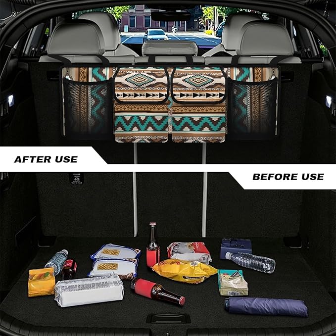 CLOHOMIN Aztec Southwest Gemoetric Car Trunk Organizer Back Seat Hanging Large Storage with 4 Pockets Collapsible Cargo Storage Bag for SUV, Truck, Auto