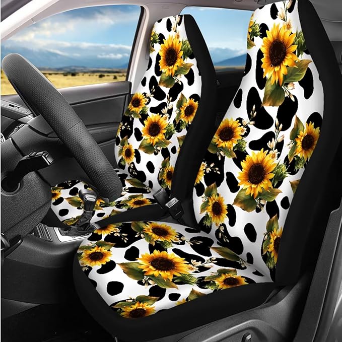 Dngkaoje Sunflower Cow Print Car Seat Cover Full Set for Front and Back,13 Pcs Sunflower Automotive Accessories Set Cute Cow Print Armrest Cover Protector, Seat Belt Pads,Handbrake Shift Covers