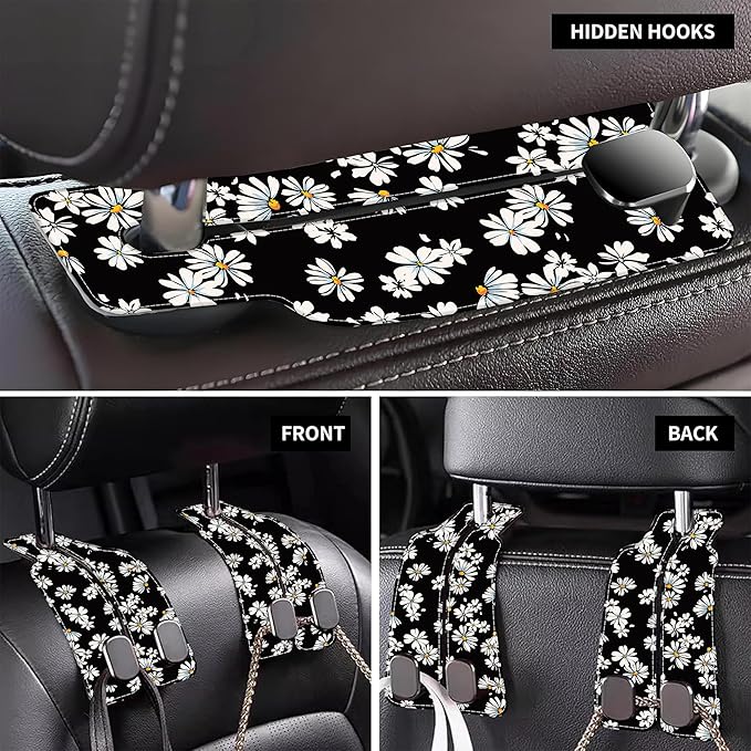AEWNUNK 1 Pack Car Seat Headrest Hooks for Purses and Bags Watercolor Daisy Floral Bag Purse Holder for Car with Double Metal Hooks Car Purse Hanger Hanging Accessories