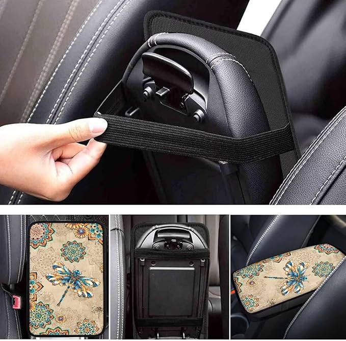 Dragonfly Print Car Center Console Armrest Cover Boho Mandala Flower Print Armrest Box Protector Cover Universal Fits Truck Sedan SUV, Auto Interior Decor
