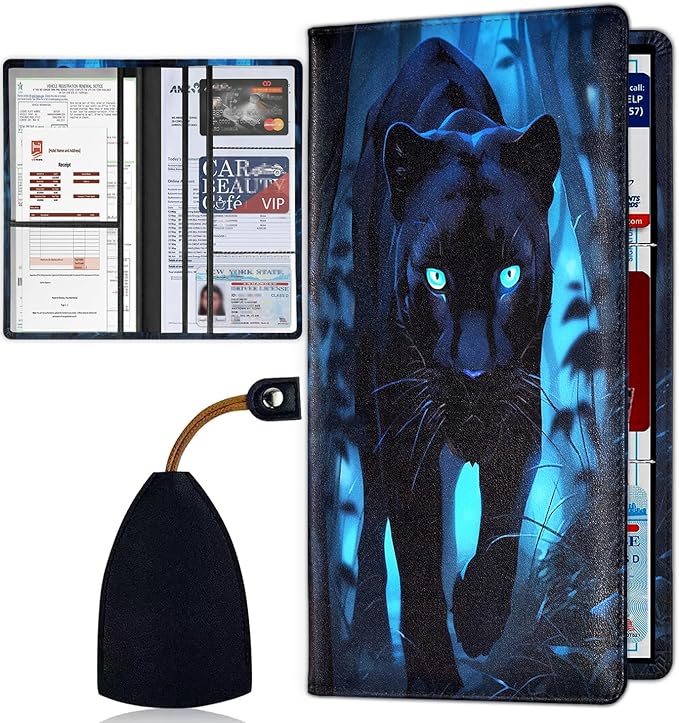 Car Registration Holder, Waterproof PU Leather Vehicle Card Document Glove Box Organizer, Women Interior Auto Accessories Case for Cards, Driver License Car Insurance Holder, Black Tiger Pattern