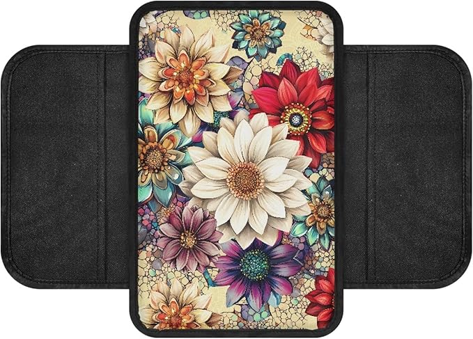 CLOHOMIN Colorful Dahlia Car Center Console Cover, Universal Arm Rest Center Console Storage Cover Flowers Auto Car Armrest Cover for Most Vehicles Automobile Accessories