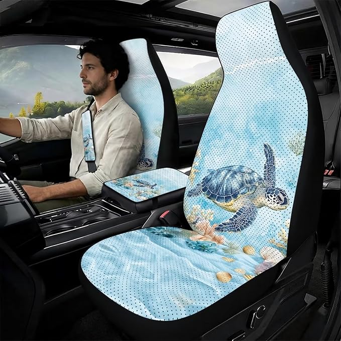 Qeluxign 5 Pieces Car Seat Cover Full Set,Sea Turtle Ocean Coral Seat Covers Car Seatbelt Pads Vehicle Center Console Armrest Cover Pad for Truck SUV Sedan Automotive Interior Decor Accessorie