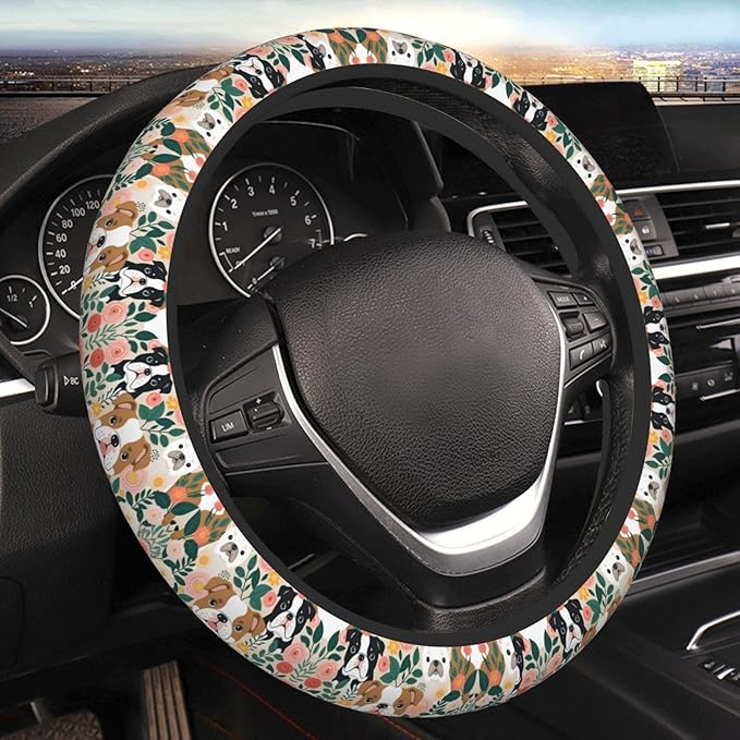 Pit-Bulls Terriers Cute Dogs Neoprene Steering Wheel Covers Women Men Car Accessories, Universal 15 Inch Fit Auto, Suvs, Truck