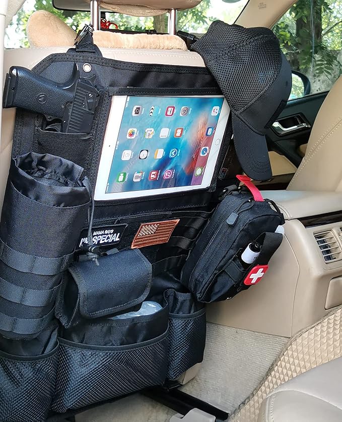 Upgrade Tactical Seat Back Organizer Molle Car Seat Organizer with 4 Detachable Pouches: Trauma Medical Pouch, Water Bottle Pouch, Vehicle Protector Organizers (Modern B Black)